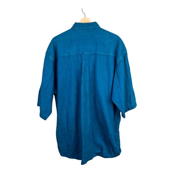 Vintage Nouvo Teal Blue Denim Button Down Short Sleeve Shirt Men's XL 90s Y2K - Picture 2 of 7